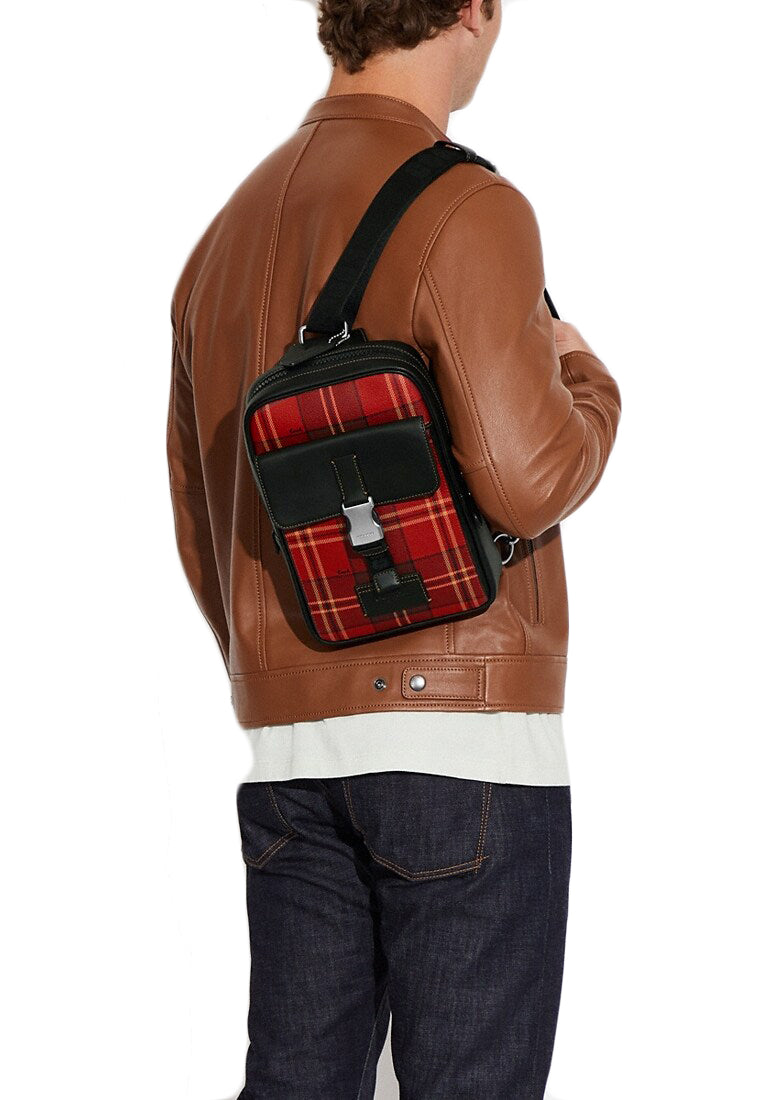 Coach Track Pack With Tartan Plaid Print - Red/Black