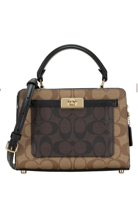 Coach Mini Lane Top Handle In Blocked Signature Canvas - Brown