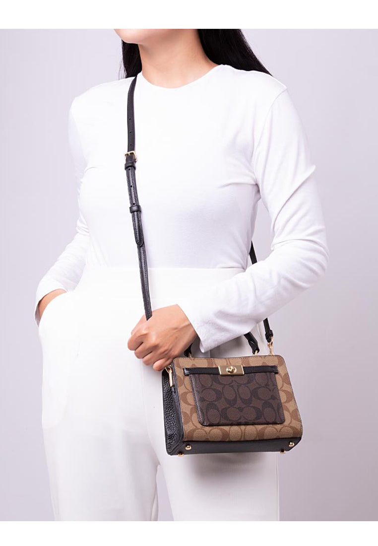 Coach Mini Lane Top Handle In Blocked Signature Canvas - Brown