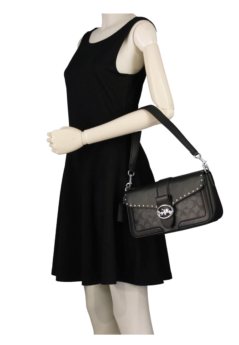 Coach Georgie Shoulder Bag In Colorblock Signature Canvas With Rivets - Black