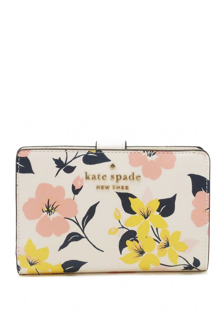 Kate Spade Staci Lily Blooms Boxed Medium Compact Bifold Wallet- Cream/Multi