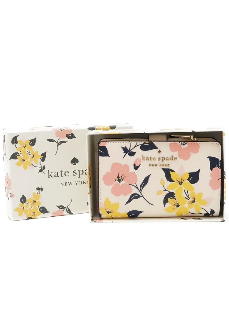 Kate Spade Staci Lily Blooms Boxed Medium Compact Bifold Wallet- Cream/Multi