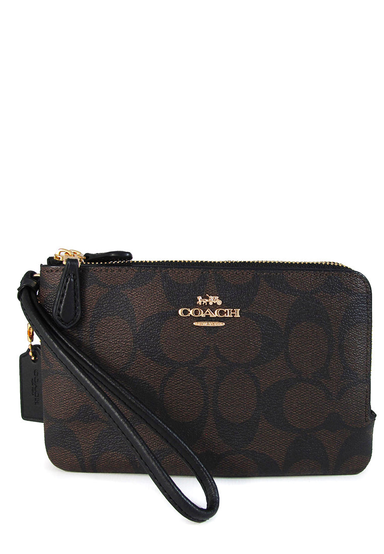 Coach Double Corner Zip Wristlet In Signature Canvas - Dark Brown