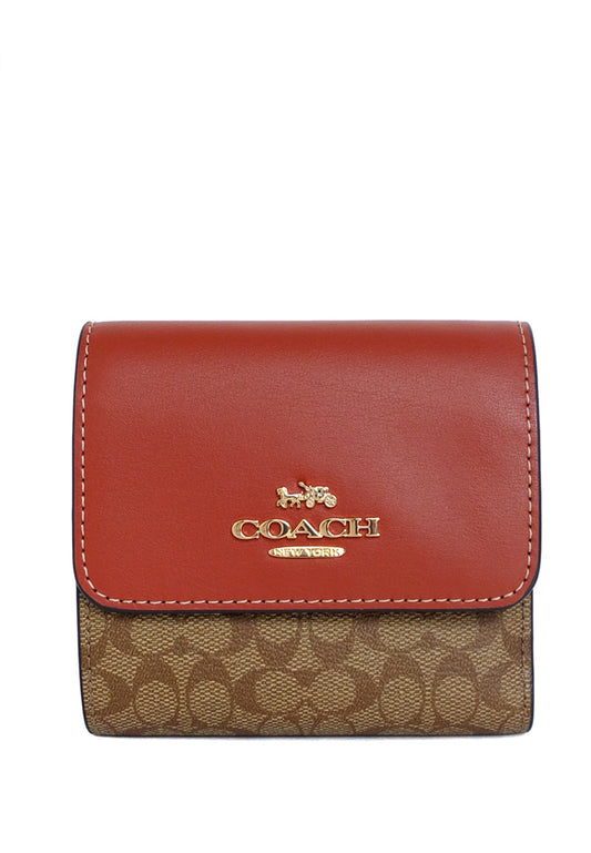 Coach Small Trifold Wallet In Colorblock Signature Canvas - Brown/Terracota