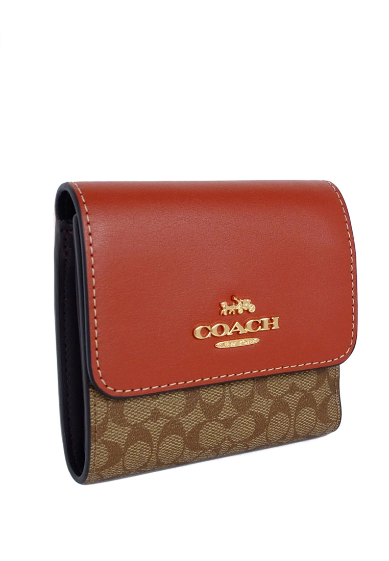 Coach Small Trifold Wallet In Colorblock Signature Canvas - Brown/Terracota