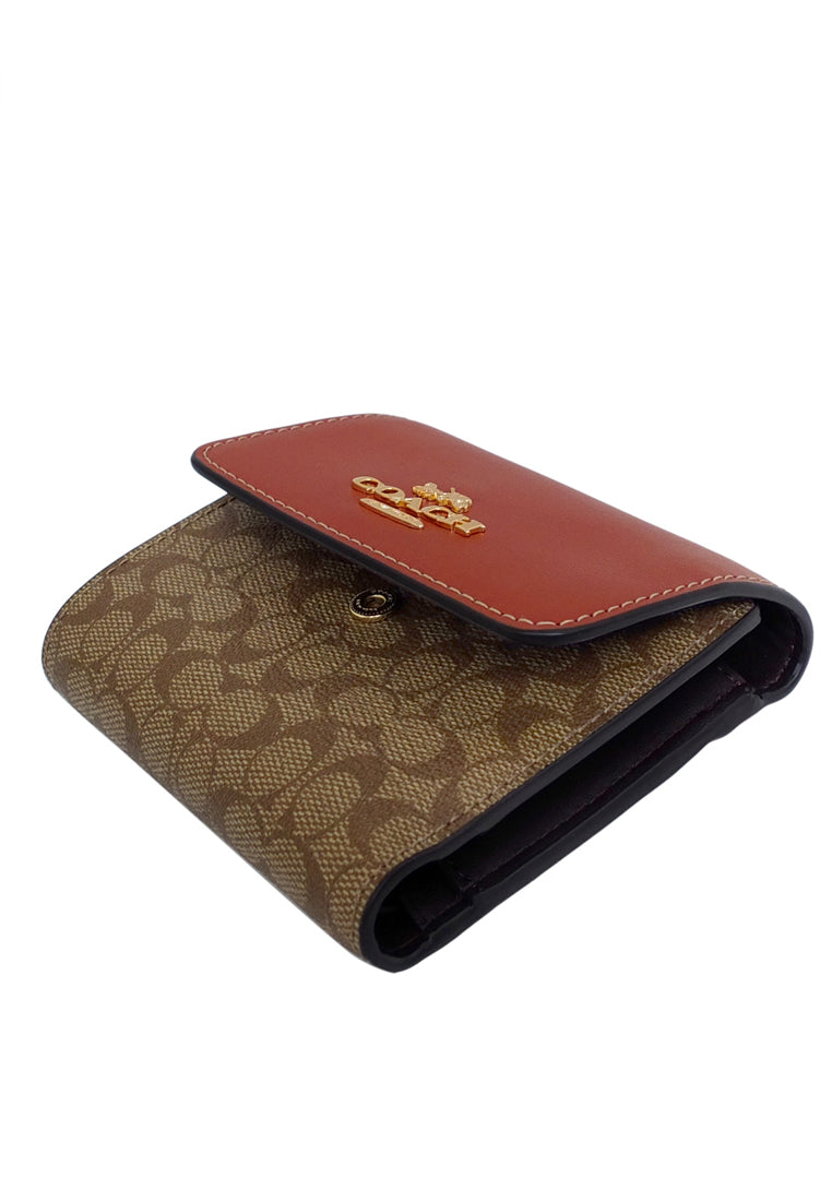 Coach Small Trifold Wallet In Colorblock Signature Canvas - Brown/Terracota