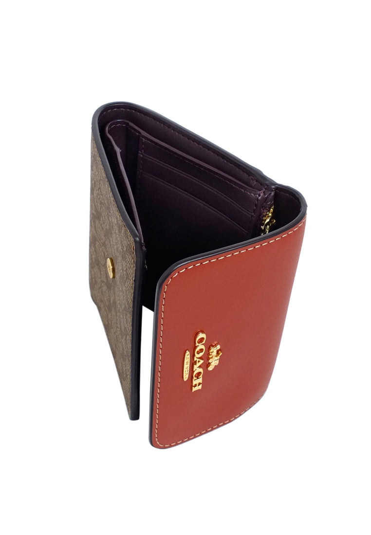 Coach Small Trifold Wallet In Colorblock Signature Canvas - Brown/Terracota