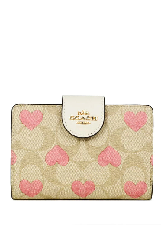 Coach Medium Corner Zip Wallet In Signature Canvas With Heart Print - Brown
