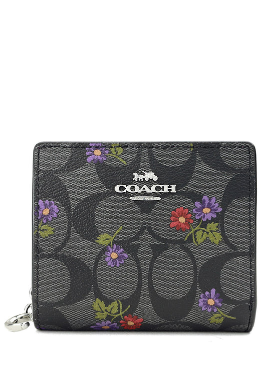 Coach Snap Wallet In Signature Canvas With Country Floral Print - Black/Multi