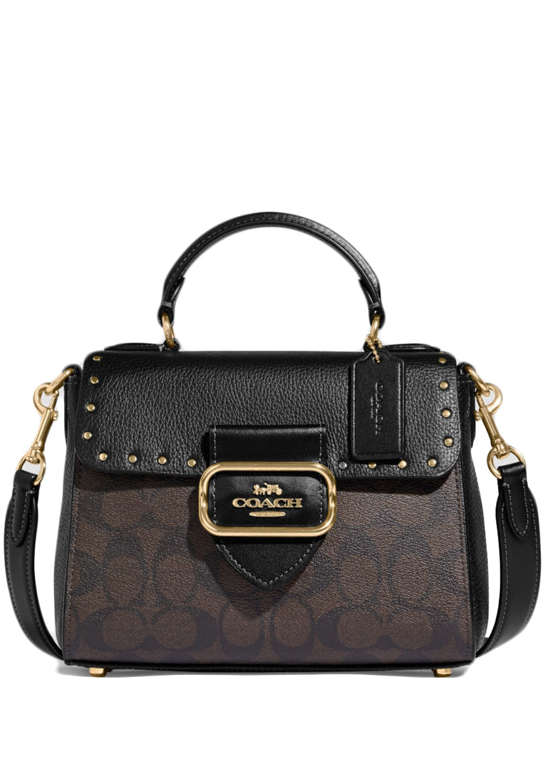 Coach Top Handle Satchel In Colorblock Signature Canvas With Rivets - Dark Brown