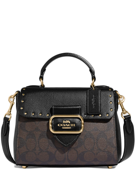 Coach Top Handle Satchel In Colorblock Signature Canvas With Rivets - Dark Brown