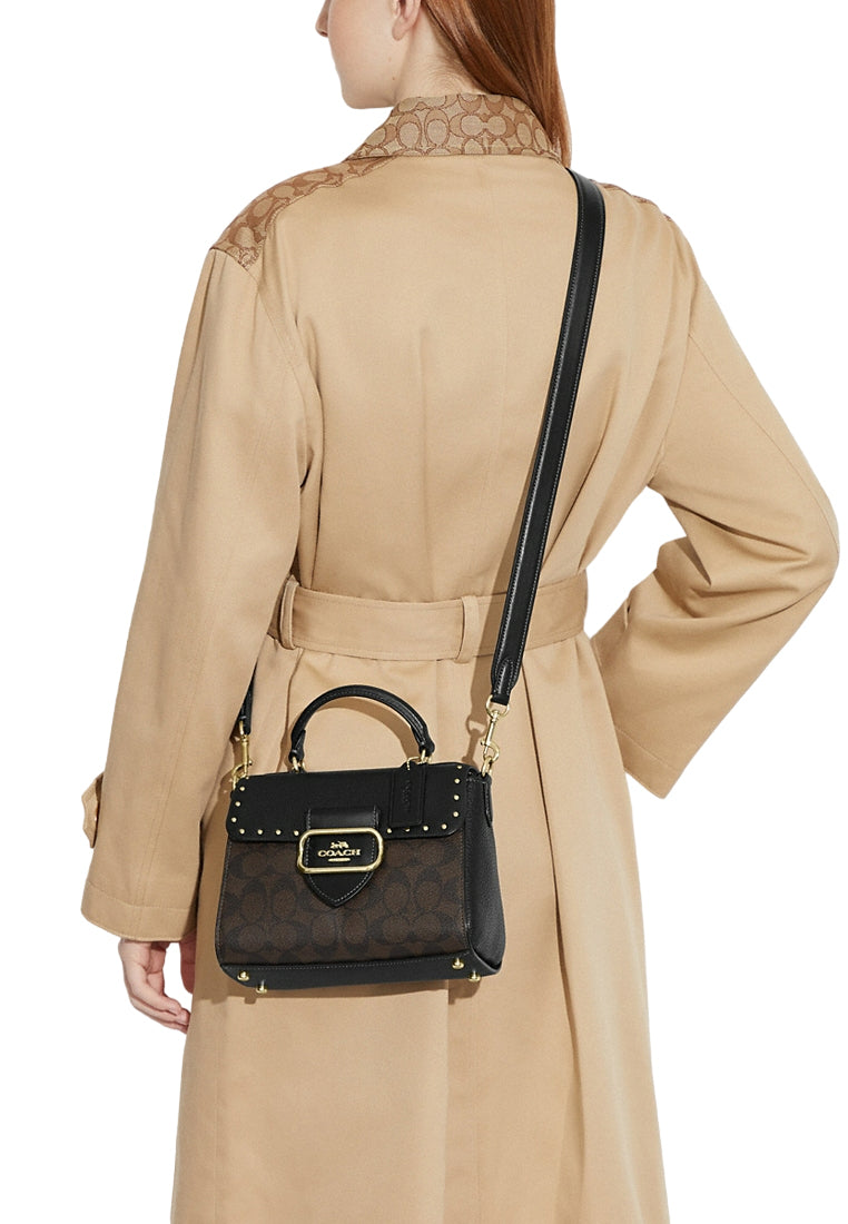 Coach Top Handle Satchel In Colorblock Signature Canvas With Rivets - Dark Brown
