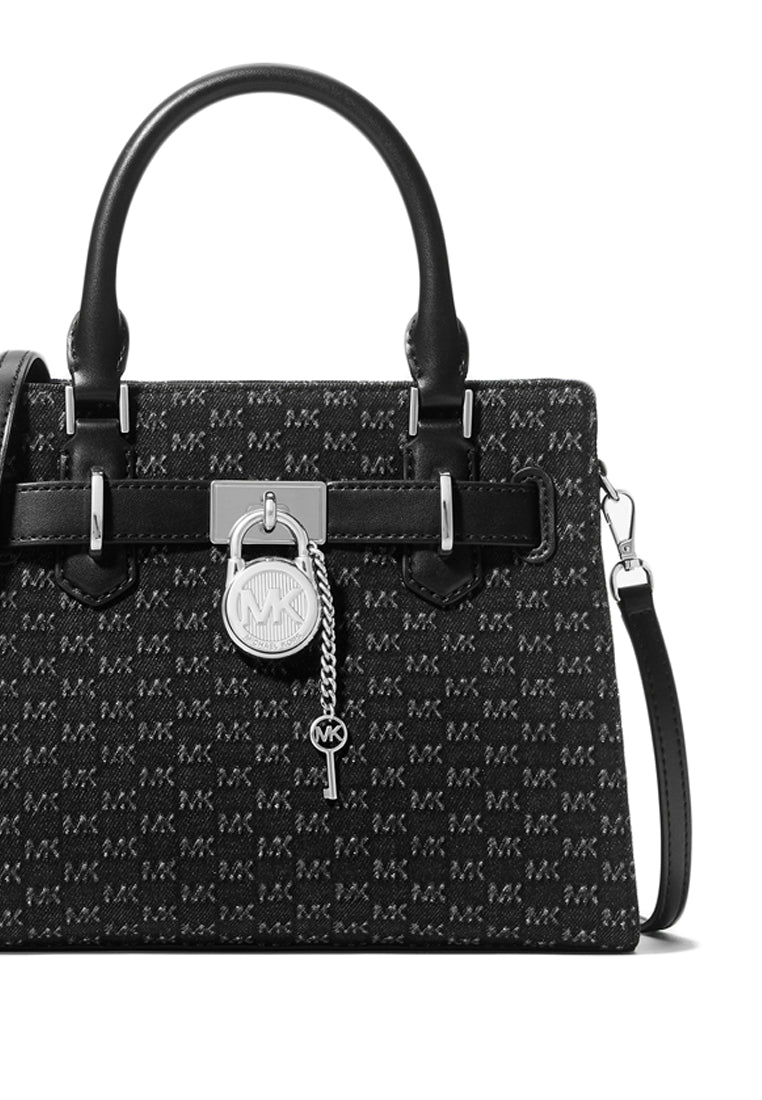 Michael Kors Hamilton Small Logo Embossed Washed Denim Satchel - Black