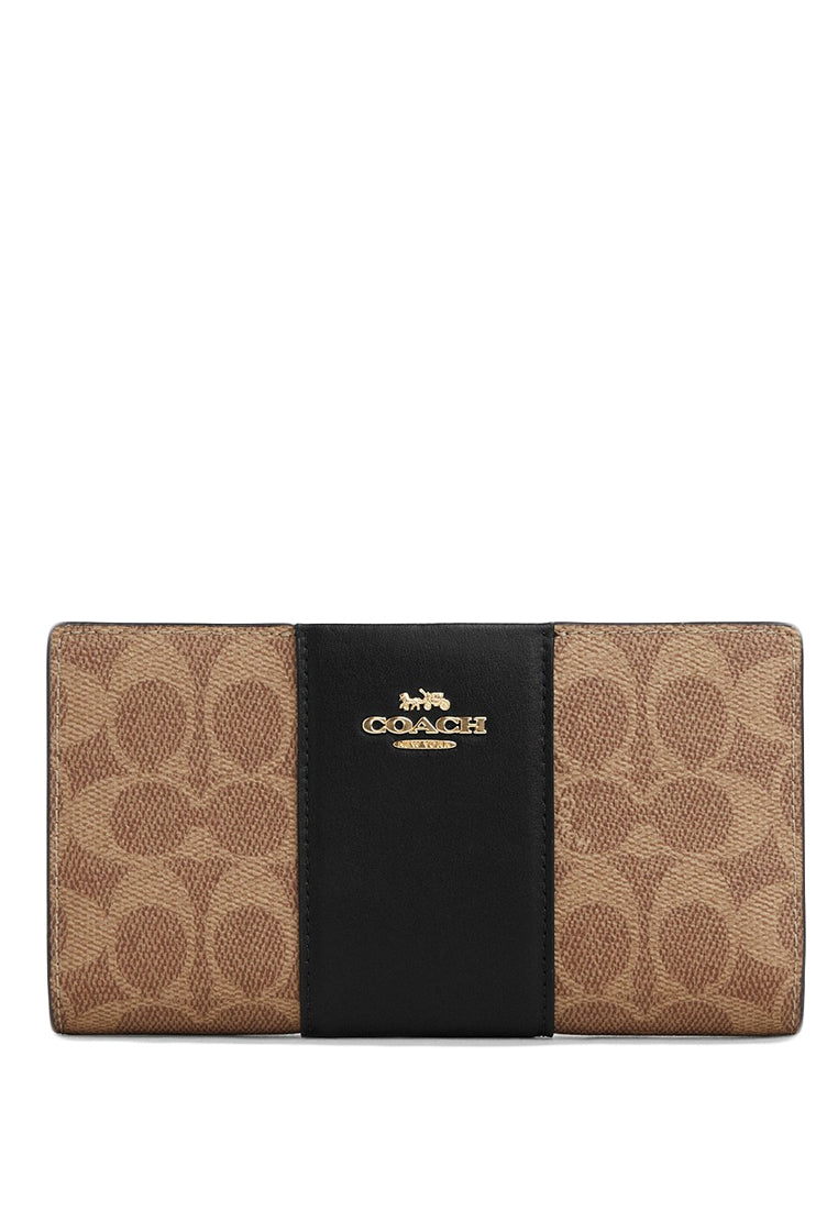 Coach Slim Zip Wallet In Signature Canvas With Stripe - Tan/Black