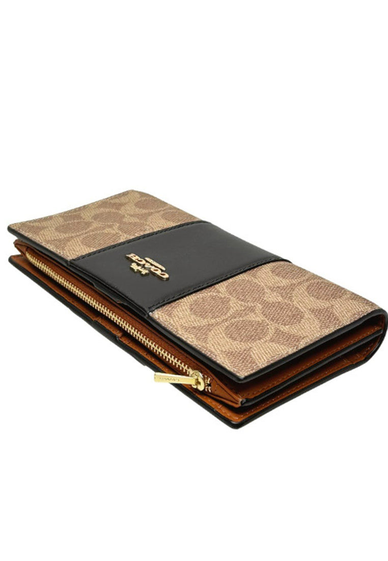 Coach Slim Zip Wallet In Signature Canvas With Stripe - Tan/Black