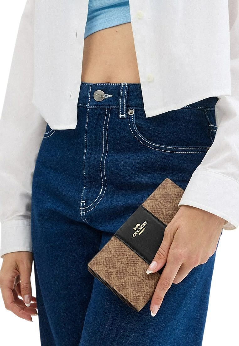 Coach Slim Zip Wallet In Signature Canvas With Stripe - Tan/Black