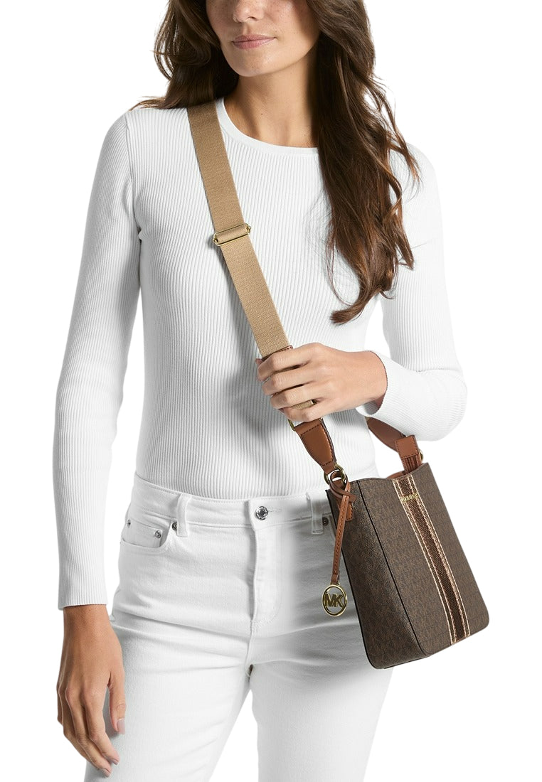 Michael Kors Jet Set Travel Small Signature Logo and Metallic Messenger Bag - Brown