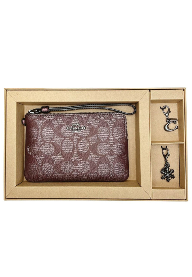 Coach Boxed Corner Zip Wristlet In Signature Canvas With Charms - Wine
