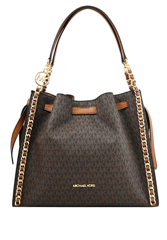 Michael Kors Mina Large Signature Logo Chain Shoulder Bag - Brown