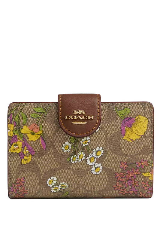 Coach Medium Corner Zip Wallet In Signature Canvas With Floral Print - Khaki/Multi