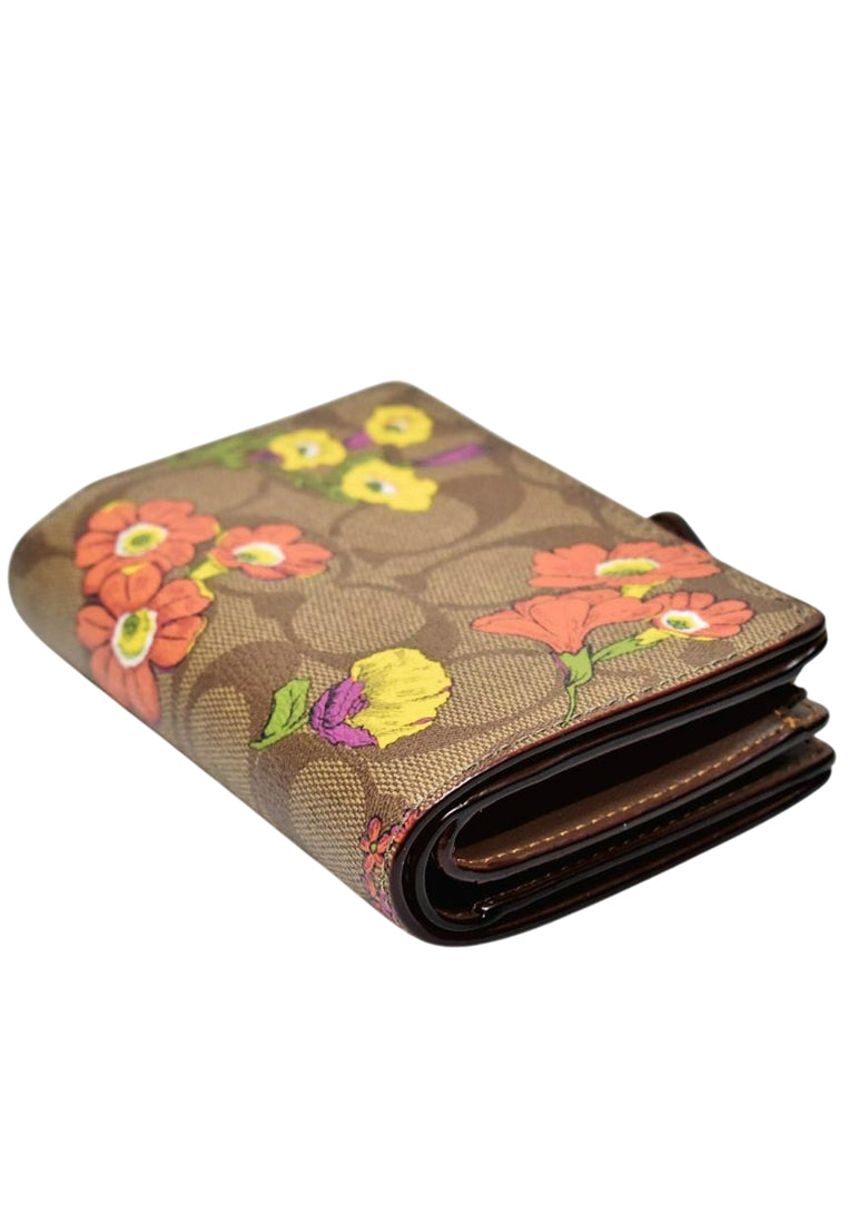 Coach Medium Corner Zip Wallet In Signature Canvas With Floral Print - Khaki/Multi