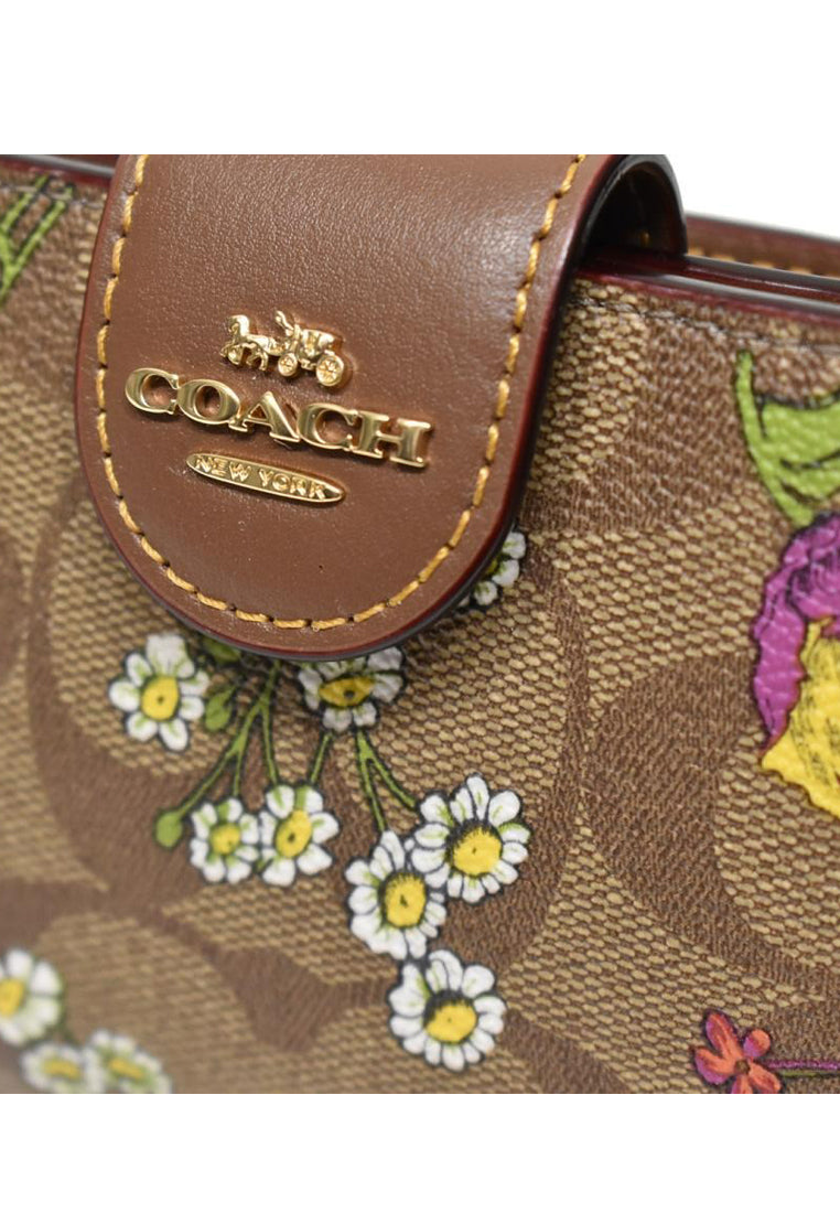 Coach Medium Corner Zip Wallet In Signature Canvas With Floral Print - Khaki/Multi