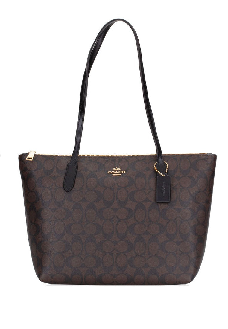 Coach Zip Top Tote Bag In Signature Canvas - Walnut/Black