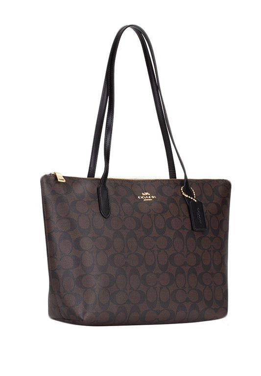 Coach Zip Top Tote Bag In Signature Canvas - Walnut/Black