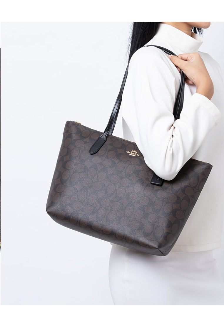 Coach Zip Top Tote Bag In Signature Canvas - Walnut/Black