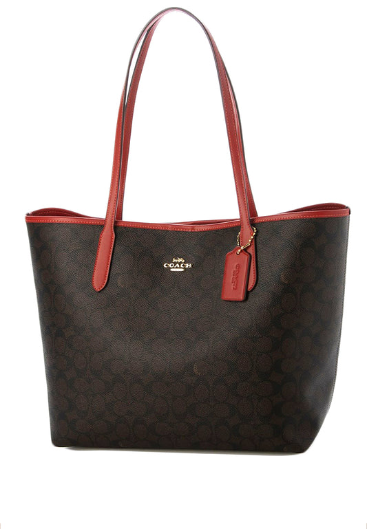 Coach City Tote Bag In Signature Canvas - Walnut/Bold Red