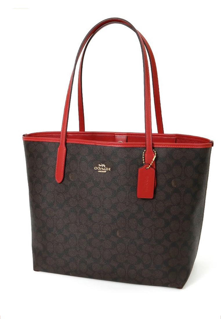 Coach City Tote Bag In Signature Canvas - Walnut/Bold Red