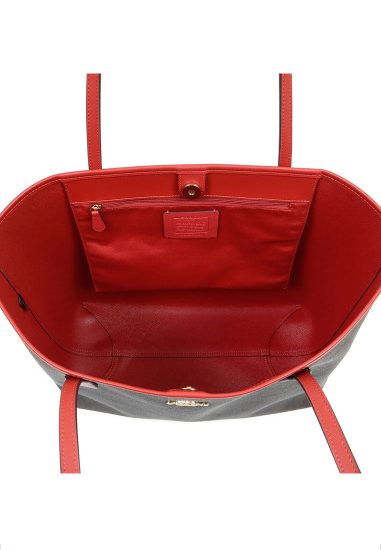 Coach City Tote Bag In Signature Canvas - Walnut/Bold Red