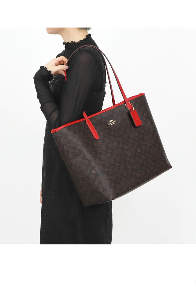 Coach City Tote Bag In Signature Canvas - Walnut/Bold Red