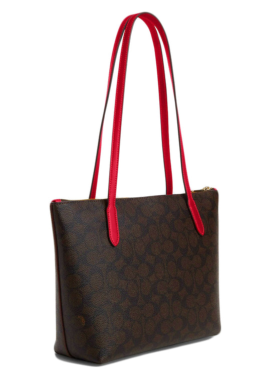 Coach Fiona Zip Tote Bag In Signature Canvas - Walnut/Bold Red