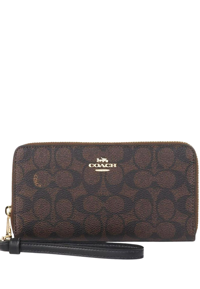 Coach Long Zip Around Wallet In Signature Canvas - Walnut/Black