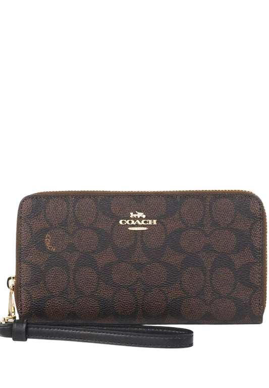 Coach Long Zip Around Wallet In Signature Canvas - Walnut/Black