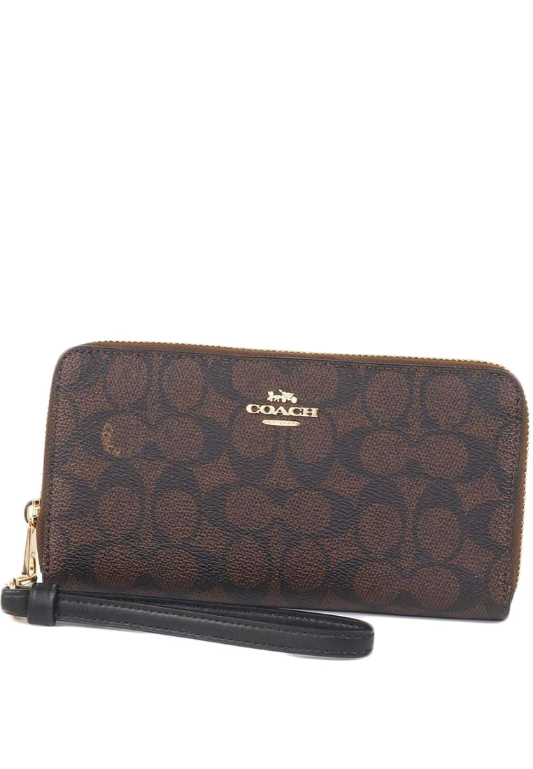 Coach Long Zip Around Wallet In Signature Canvas - Walnut/Black