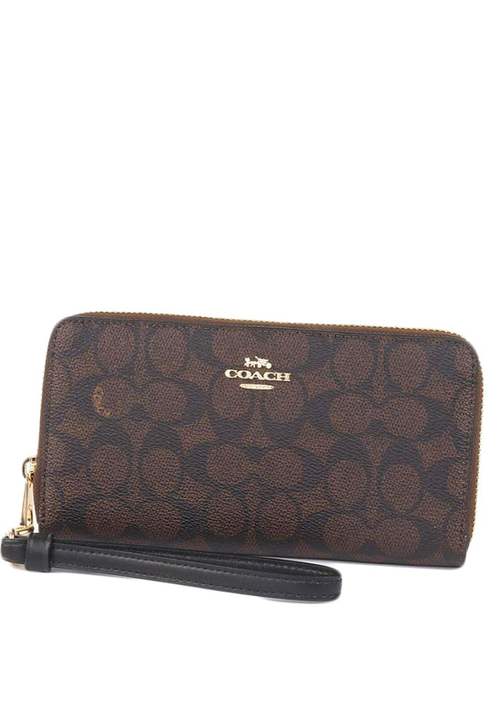 Coach Long Zip Around Wallet In Signature Canvas - Walnut/Black