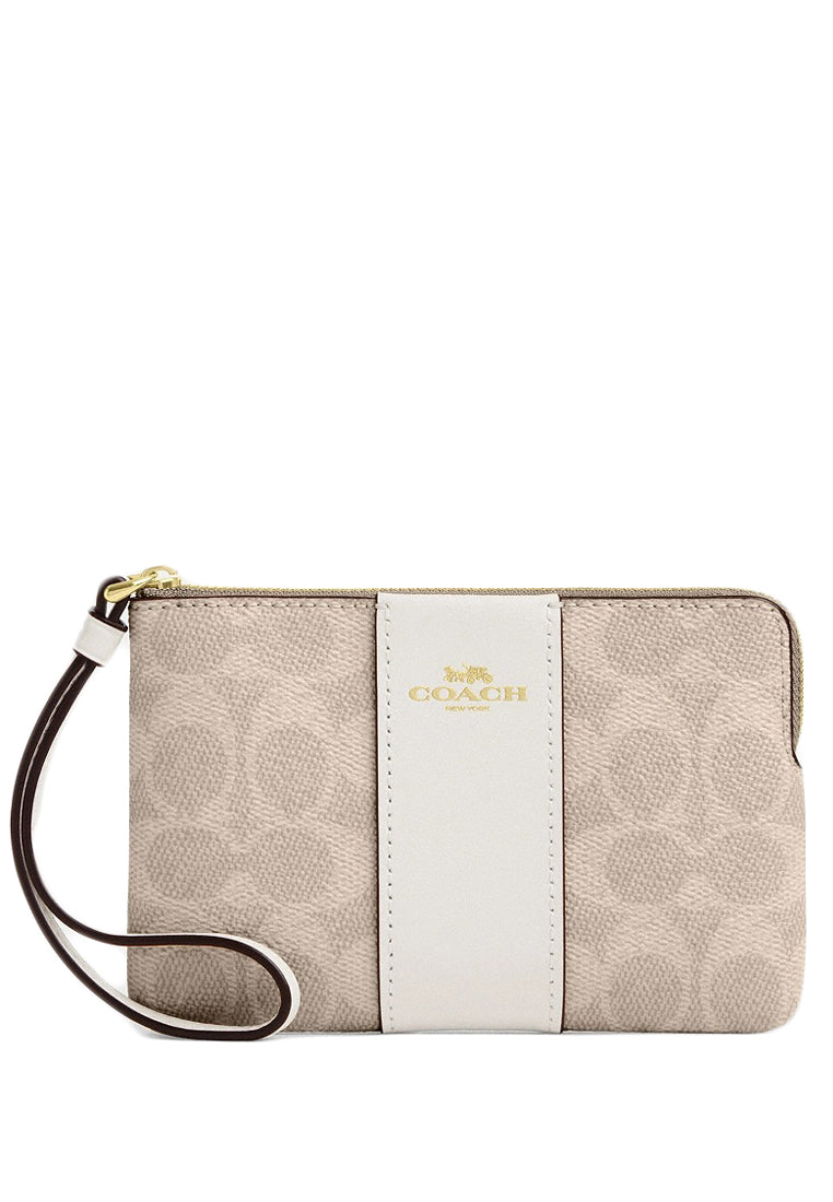 Coach Corner Zip Wristlet In Signature Canvas With Stripe - Sand White