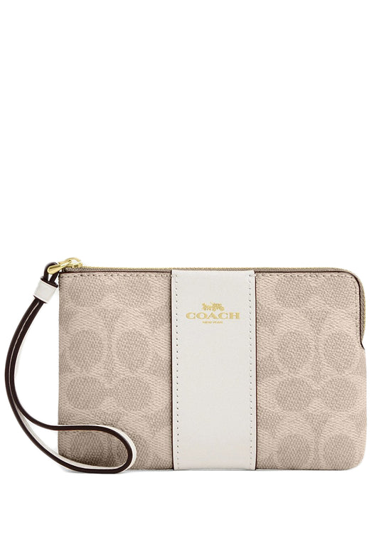 Coach Corner Zip Wristlet In Signature Canvas With Stripe - Sand White