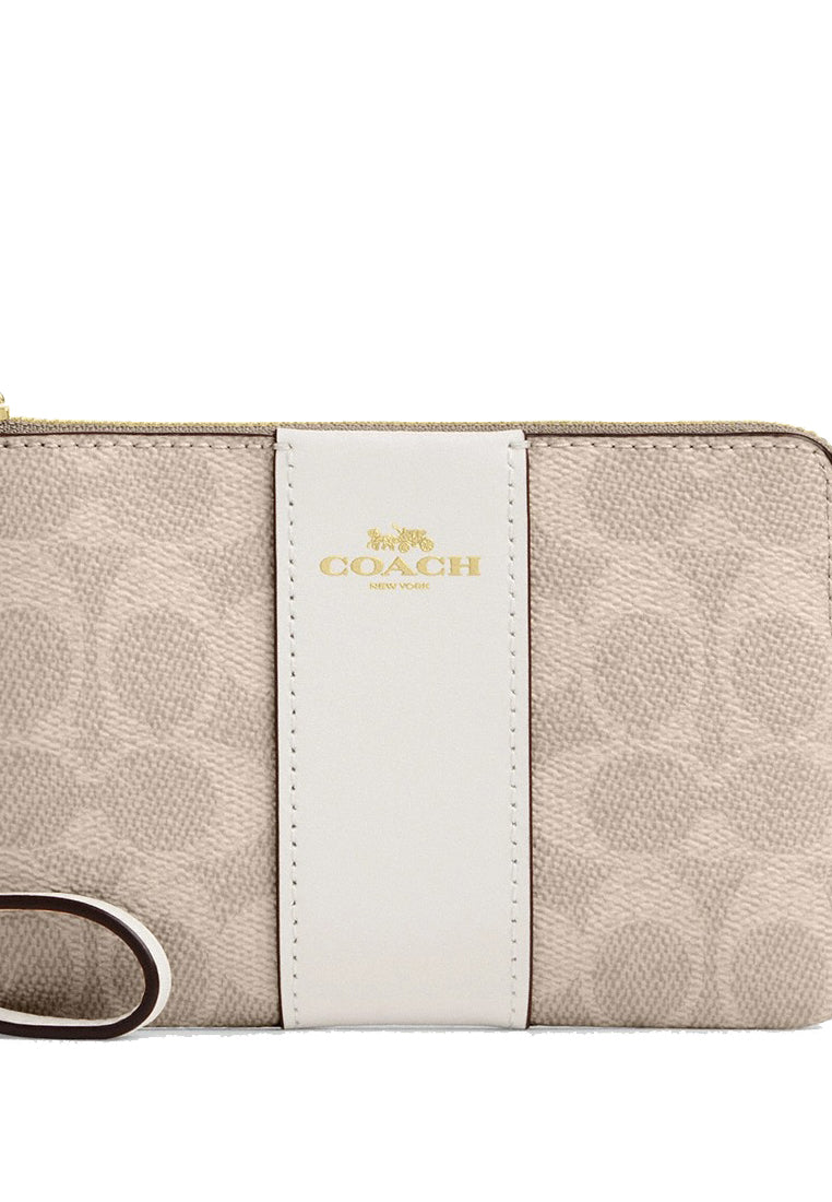 Coach Corner Zip Wristlet In Signature Canvas With Stripe - Sand White