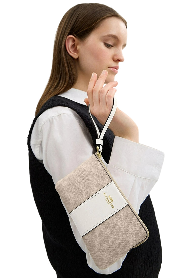 Coach Corner Zip Wristlet In Signature Canvas With Stripe - Sand White