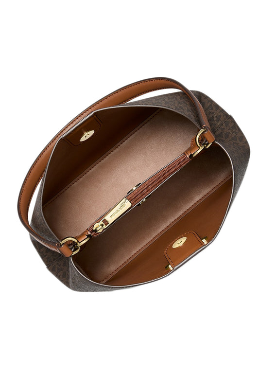 Michael Kors Pratt Medium Signature Logo and Metallic Shoulder Bag - Brown