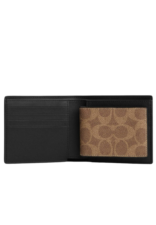 Coach Mens 3-In-1 Wallet In Signature Canvas - Tan/Black