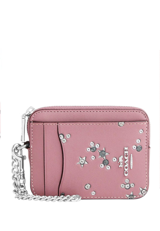 Coach Zip Card Case With Star Print - Dusty Pink/Multi