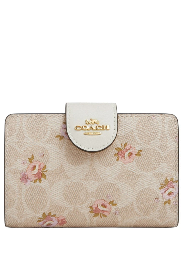 Coach Medium Corner Zip Wallet In Signature Canvas With Floral Print - Sand/Multi