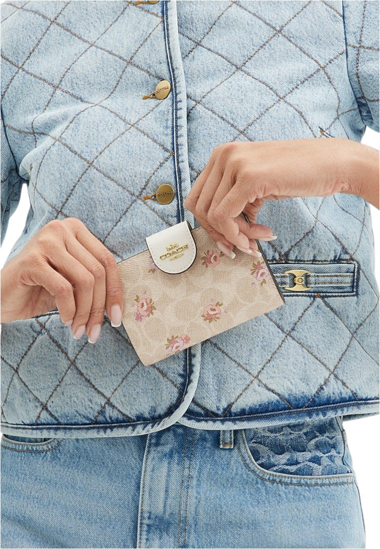 Coach Medium Corner Zip Wallet In Signature Canvas With Floral Print - Sand/Multi