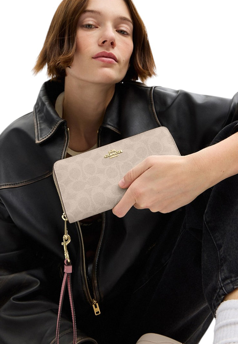 Coach Long Zip Around Wallet In Signature Canvas - Sand/Peony