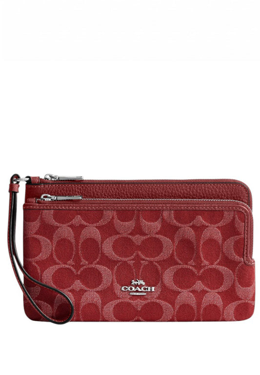 Coach Double Zip Wallet In Signature Denim - True Red