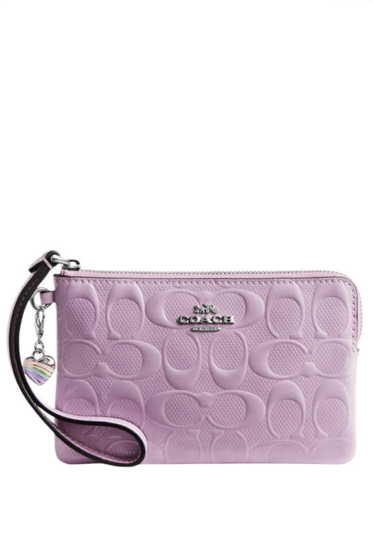 Coach Corner Zip Wristlet In Signature Leather With Heart Charm - Violet